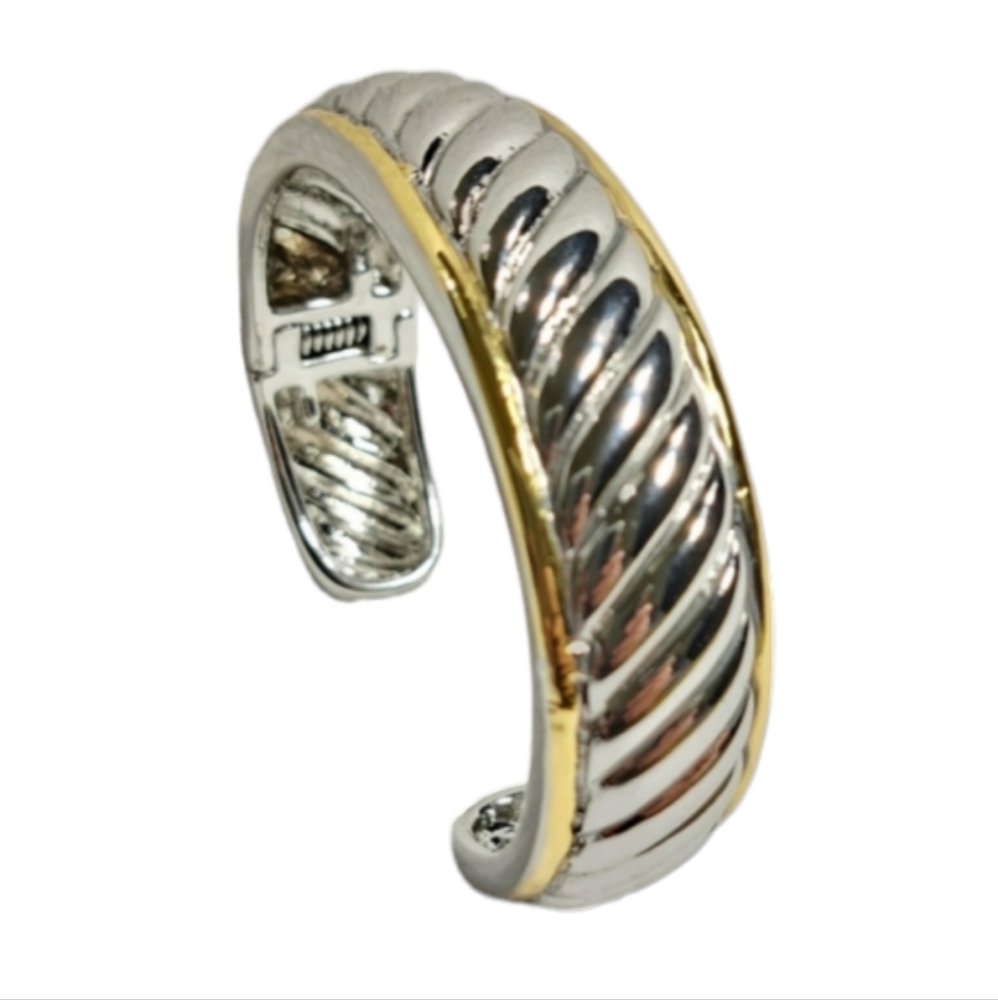 Silver & Gold Tone Style Cable Women's Open Cuff Bracelet - Picture 9 of 16